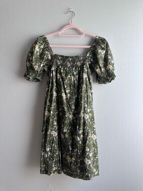 Tory Burch Olive Floral Smocked Tunic Top | Boho Puff Sleeve Blouse M